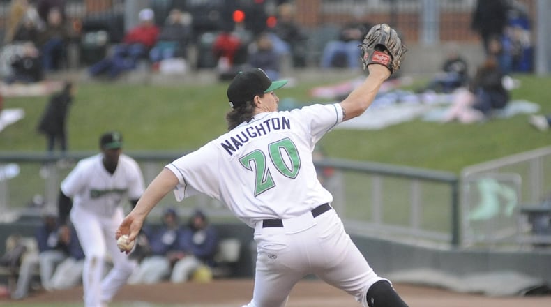 Dragons starting pitcher Packy Naughton. The Dragons defeated the visiting Lake County Captains 4-1 at Fifth Third Field in Dayton on Tuesday, April 10, 2018. MARC PENDLETON / STAFF