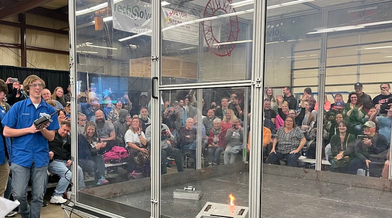Xtreme Bots and Xtreme Drone Soccer competitions will be held on Saturday, March 23 in the Clark County Fairgrounds Arts and Crafts Building. In this file photos from 2022, a competing robot caught fire during a battle at the Xtreme BOTS event. FILE