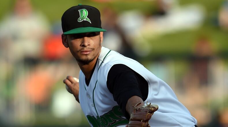 Jesus Reyes pitches for the Dragons in Wednesday night's game at Fifth Third Field against Lake County.
NICK FALZARANO/CONTRIBUTED