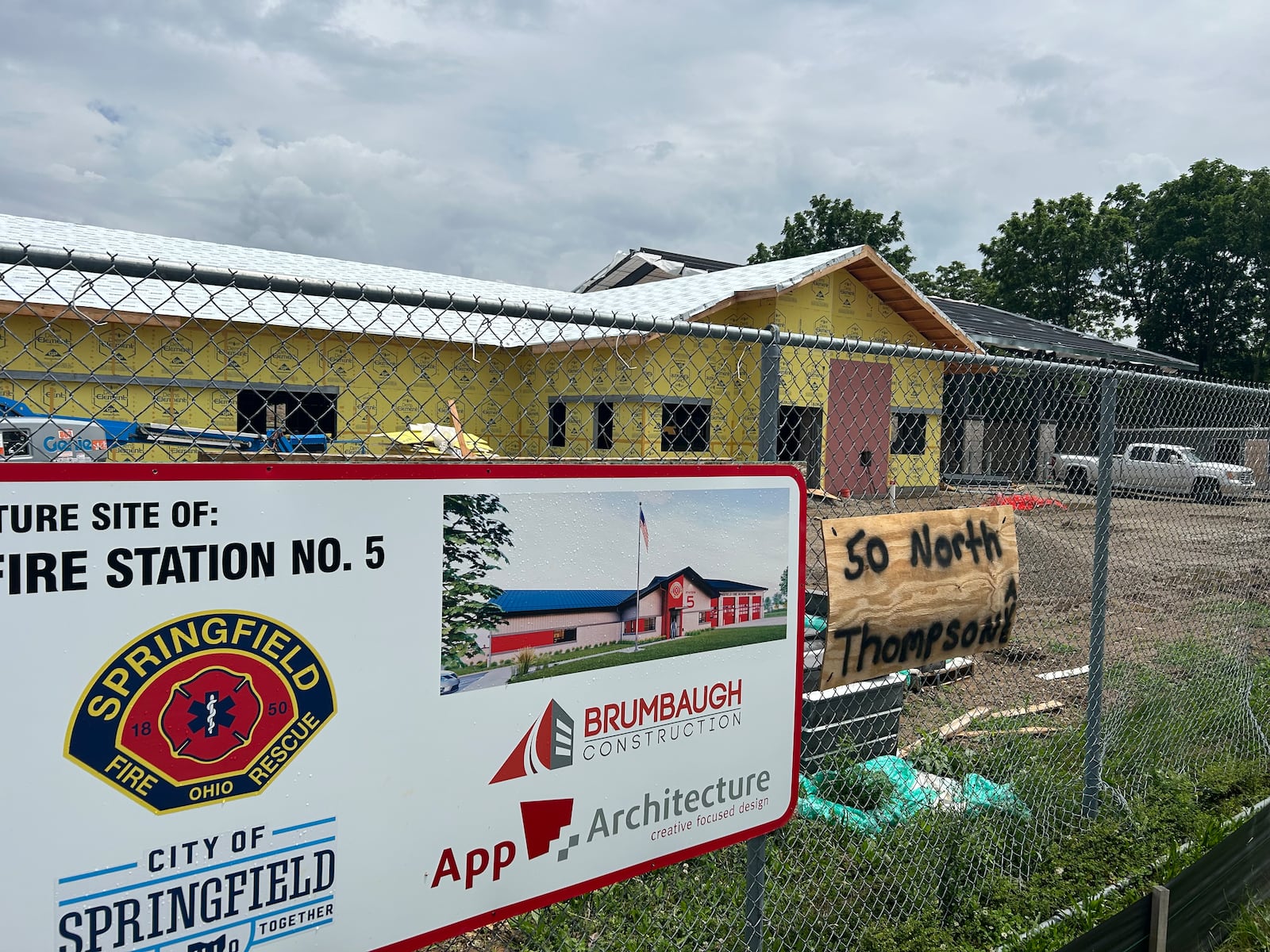 The future Springfield Fire Station #5 is under construction at 50 N. Thompson Ave. on the west side of the city, just off North Street on Tuesday, June 17, 2025. This photo was taken the same day new Fire Station #6 officially opened on South Charleston Pike. JEREMY P. KELLEY / STAFF