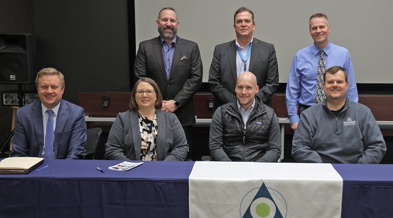 Clark County school leaders met Feb. 5, including, back row, from left, Springfield Superintendent Bob Hill, ESC Superintendent Dan Bennett, Southeastern Superintendent David Shea. Front row, from left, Greenon Superintendent Darrin Knapke, CTC Communications Coordinator Alicia Rittenhouse, Global Impact STEM Academy Superintendent Josh Jennings and Shawnee Superintendent Brian Kuhn. BILLL LACKEY/STAFF
