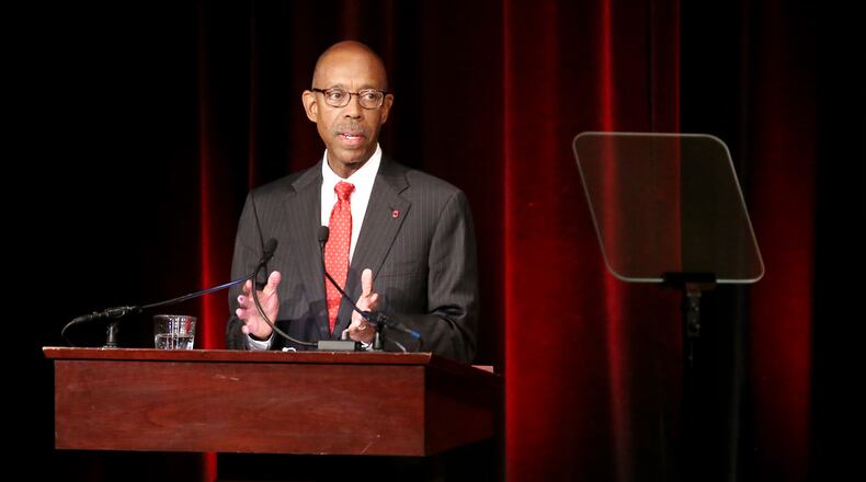 Ohio State University President Dr. Michael Drake gives his first State of the University address at the Ohio Union in 2014. (Columbus Dispatch photo by Fred Squillante)