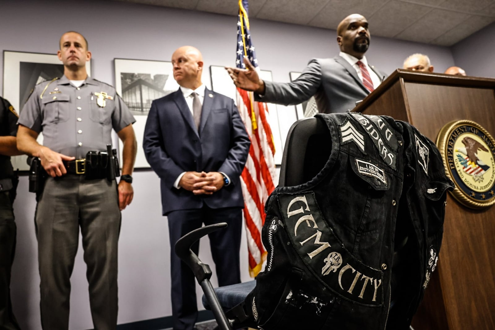U.S. Attorney Kenneth Parker, Southern District of Ohio, discussed a 14-person indictment related to a racketeering scheme involving the Thug Riders Motorcycle club in Ohio and Kentucky on June 14, 2024. Approximately 330 law enforcement officers assisted with search warrants and arrests on Thursday, June 13, 2024, in connection to the case. JIM NOELKER/STAFF