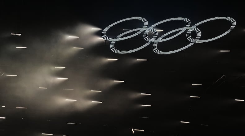 The Olympic rings stand out during the closing ceremony of the 2026 Winter Olympics, in Verona, Italy, Sunday, Feb. 22, 2026. (AP Photo/Antonio Calanni)