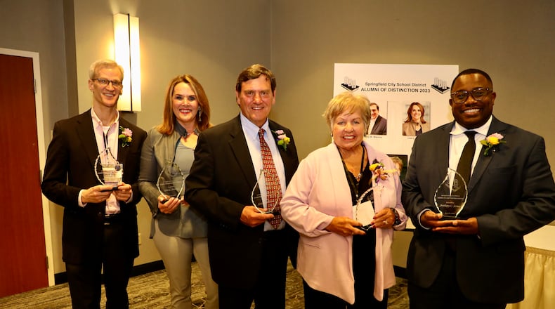 The 19th annual Springfield City School District Alumni of Distinction Award program will be held on April 26. In this file photo is the Alumni of Distinction Class of 2023 including Gary Blevins, Lisa Havens, Andrew Cutler, Anthony Scruse and Sue Seaman Smedley. FILE