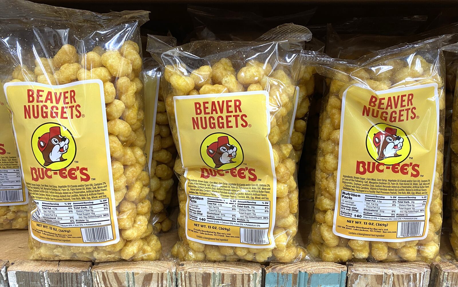 Beaver nuggets (puffed corn nuggets with a crunchy brown sugar caramel coating), at Buc-ee's.