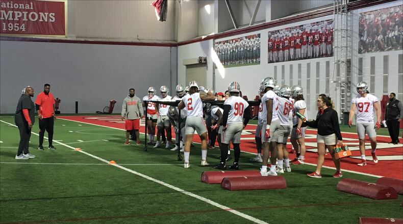 Ohio State football players work during spring practice at the Woody Hayes Athletic Center. (Photo: Marcus Hartman/CMG Ohio)