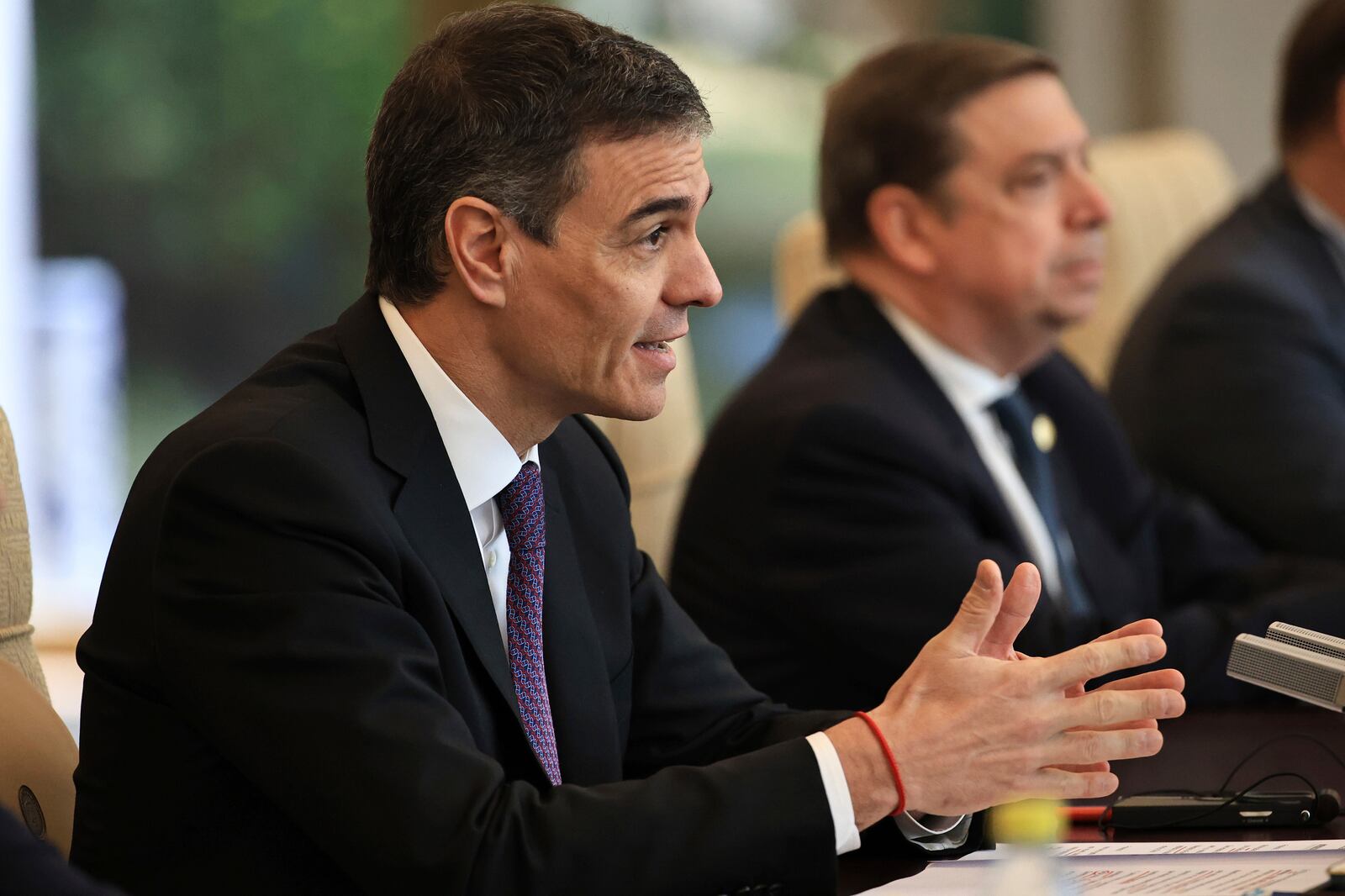 Spanish Prime Minister Pedro Sanchez speaks during a bilateral meeting with Chinese President Xi Jinping, at Diaoyutai Guest House in Beijing, China, Friday, April 11, 2025. (Andres Martinez Casares/Pool Photo via AP)