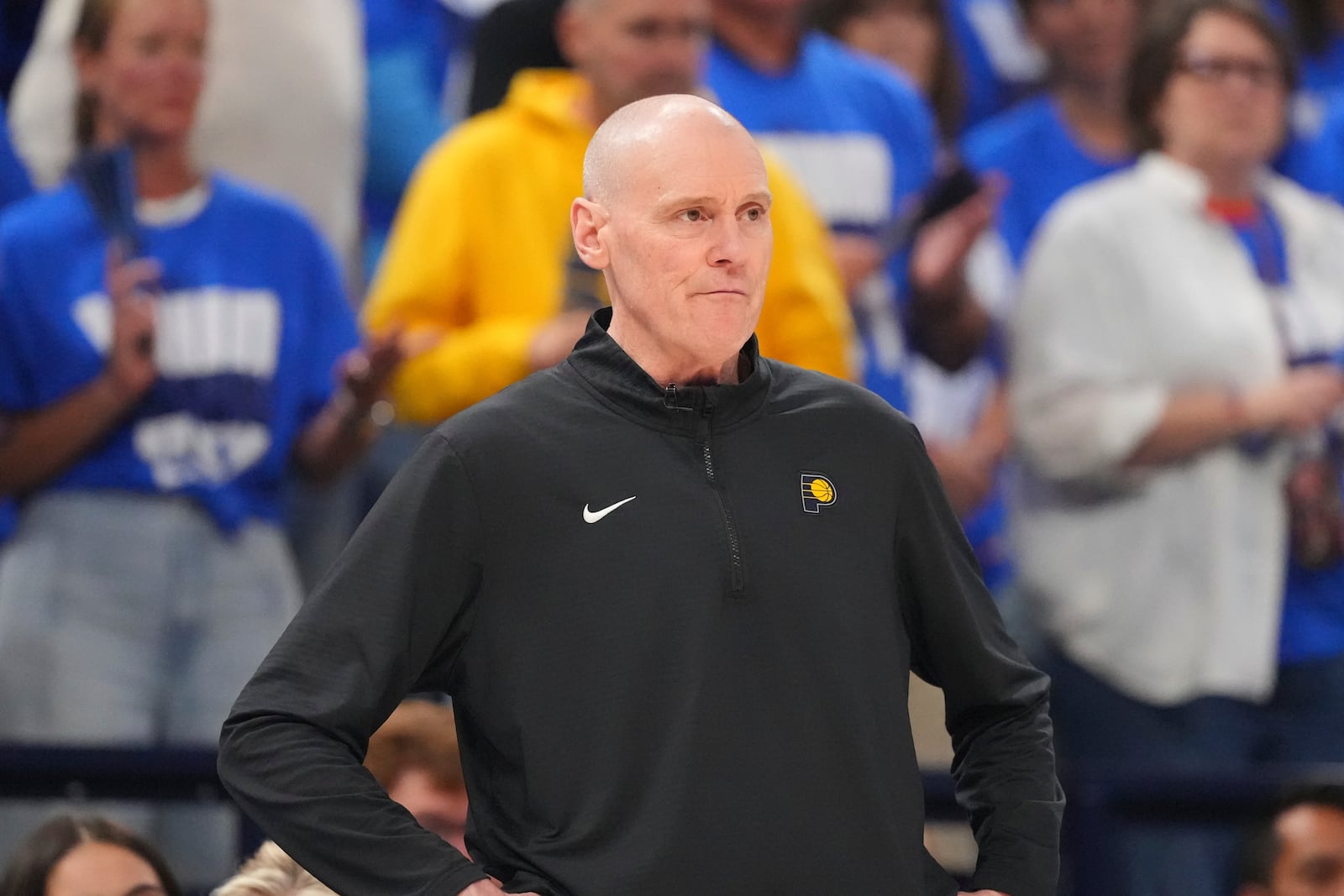 Indiana Pacers head coach Rick Carlisle stands on the sidelines during the first half of Game 2 of the NBA Finals basketball series against the Oklahoma City Thunder Sunday, June 8, 2025, in Oklahoma City. (AP Photo/Julio Cortez)