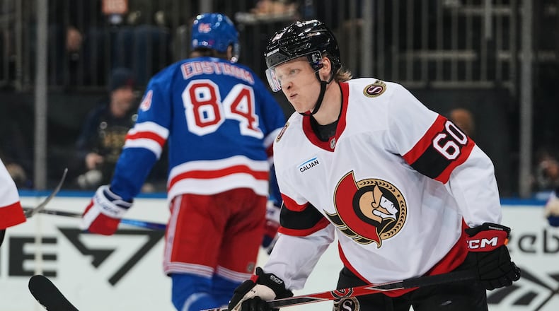 Ottawa Senators' Lassi Thomson (60) reacts after getting hurt during the second period of an NHL hockey game against the New York Rangers Monday, March 23, 2026, in New York. (AP Photo/Frank Franklin II)