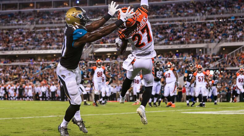 JACKSONVILLE, FL - AUGUST 28: Dre Kirkpatrick #27 of the Cincinnati Bengals breaks up a pass intended for Marqise Lee #11 of the Jacksonville Jaguars in the end zone during the first half of the preseason game at EverBank Field on August 28, 2016 in Jacksonville, Florida. (Photo by Rob Foldy/Getty Images)