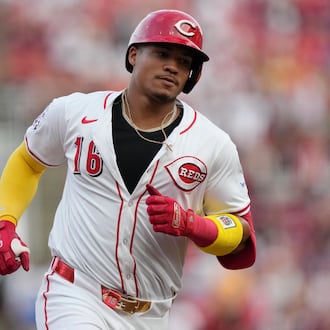 Cincinnati Reds' Noelvi Marte rounds the bases after hitting a solo home run during the fourth inning of a baseball game against the Los Angeles Dodgers, Tuesday, July 29, 2025, in Cincinnati. (AP Photo/Carolyn Kaster)