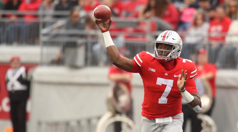 Ohio State’s Dwayne Haskins throws a pass against Tulane on Saturday, Sept. 22, 2018, at Ohio Stadium in Columbus. David Jablonski/Staff