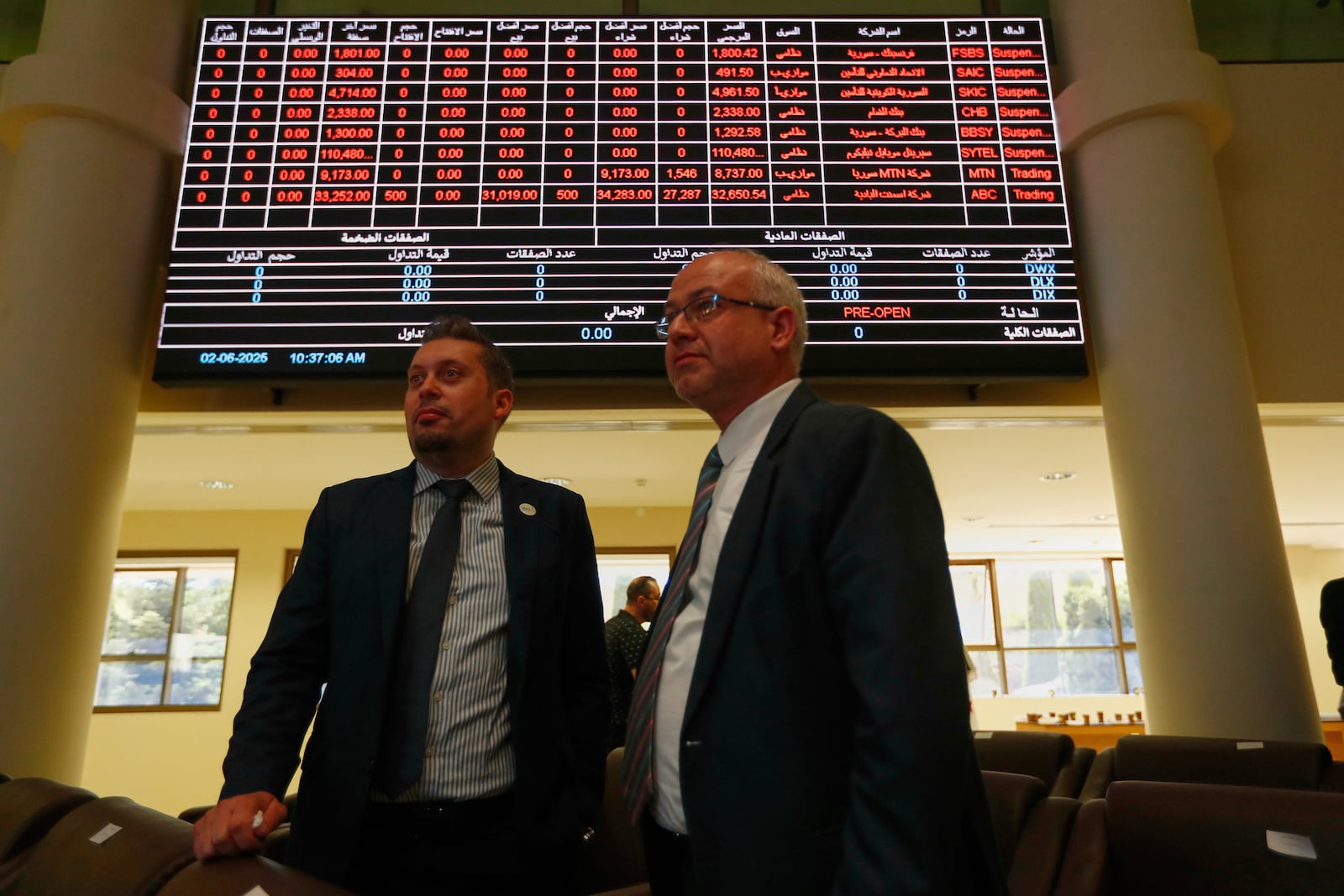Two men stand under an electronic board showing stock prices at the Damascus Securities Exchange in Damascus, Syria, Monday, June 2, 2025. (AP Photo/Omar Sanadiki)
