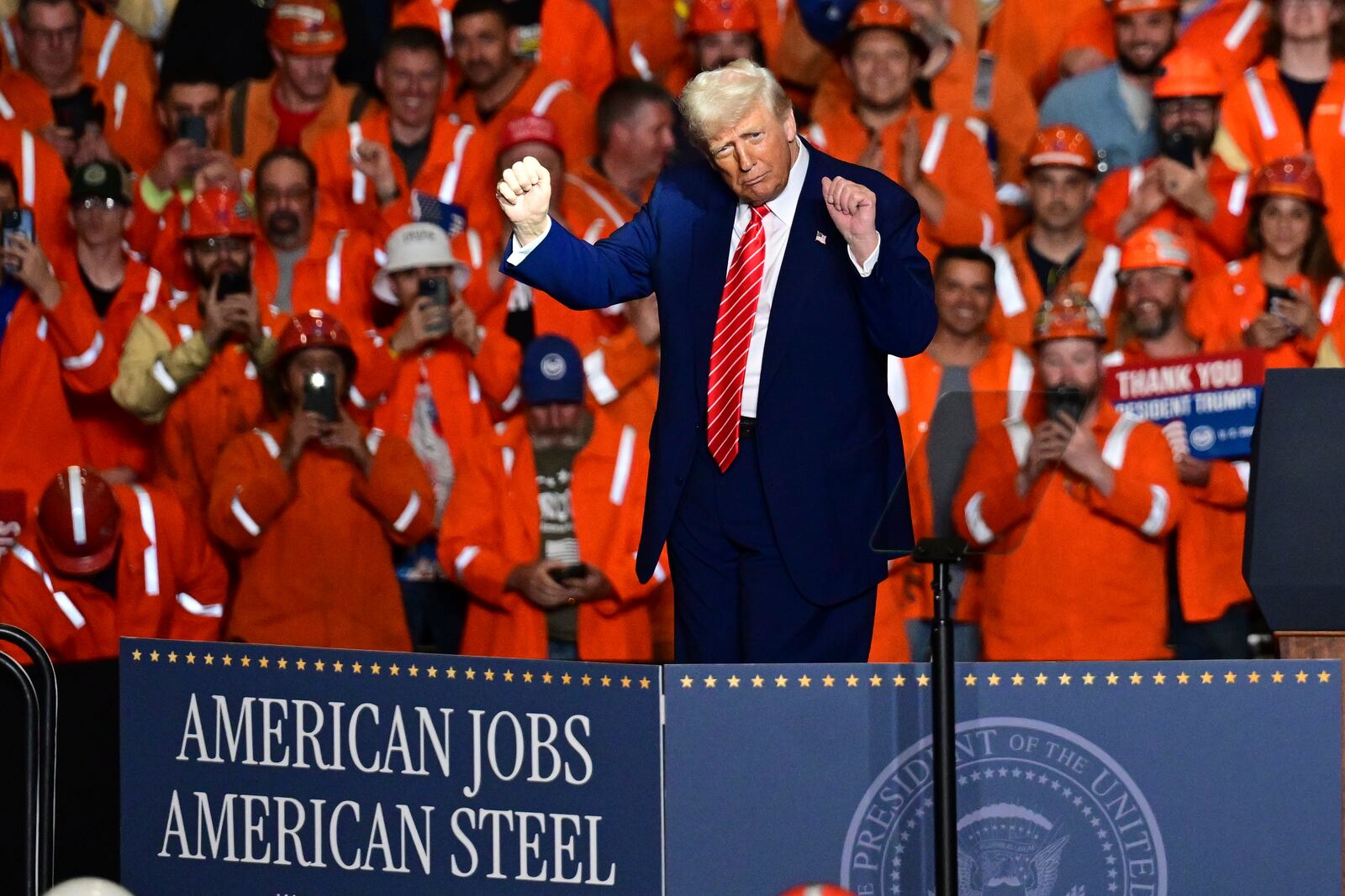 President Donald Trump dances after speaking at the U.S. Steel Mon Valley Works-Irvin plant, Friday, May 30, 2025, in West Mifflin, Pa. (AP Photo/David Dermer)