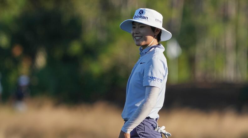 Somi Lee of Korea smiles at the end of the first round of the LPGA Tour Championship golf tournament, Thursday, Nov. 20, 2025, in Naples, Fla. (AP Photo/Marta Lavandier)