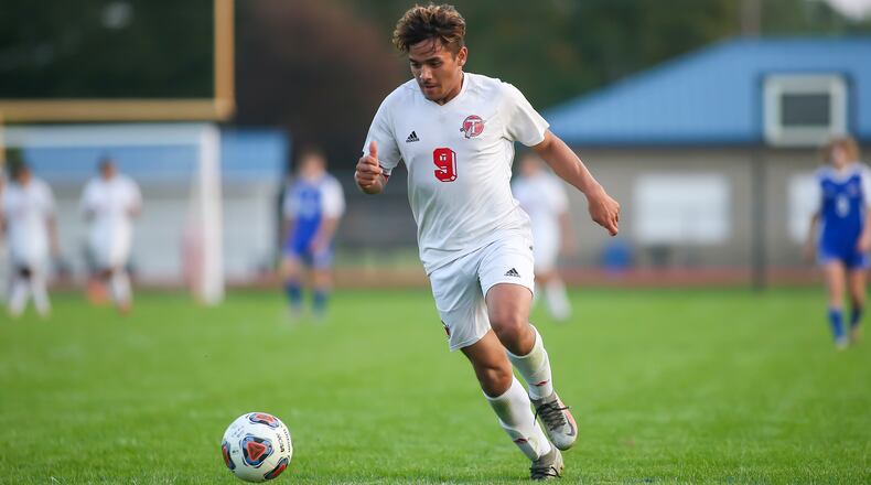 Tecumseh High School senior Jose Alvarado dribbles the ball during their game at Northwestern's Taylor Field on Monday night in Springfield. The Arrows won 6-4. CONTRIBUTED PHOTO BY MICHAEL COOPER