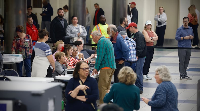 Voters lined up outside Trent Arena in Kettering to cast their votes on Tuesday, Nov. 5, 2024. MARSHALL GORBY / STAFF