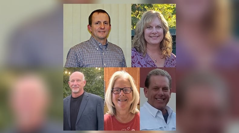 Keith Culp (top left), Stacey Hundley (top right), Joe Mamer (bottom left), Diana S. McCubbin (bottom middle), Timothy Munch (bottom right) and Noah Clark Staggs (not pictured) are competing for a seat on the Greenon Local School District Board of Education. CONTRIBUTED