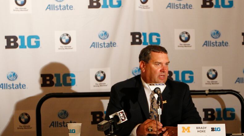 Michigan coach Brady Hoke talks to reporters at Big Ten Football Media Days at the Hilton in Chicago on Monday, July 28, 2014. David Jablonski/Staff