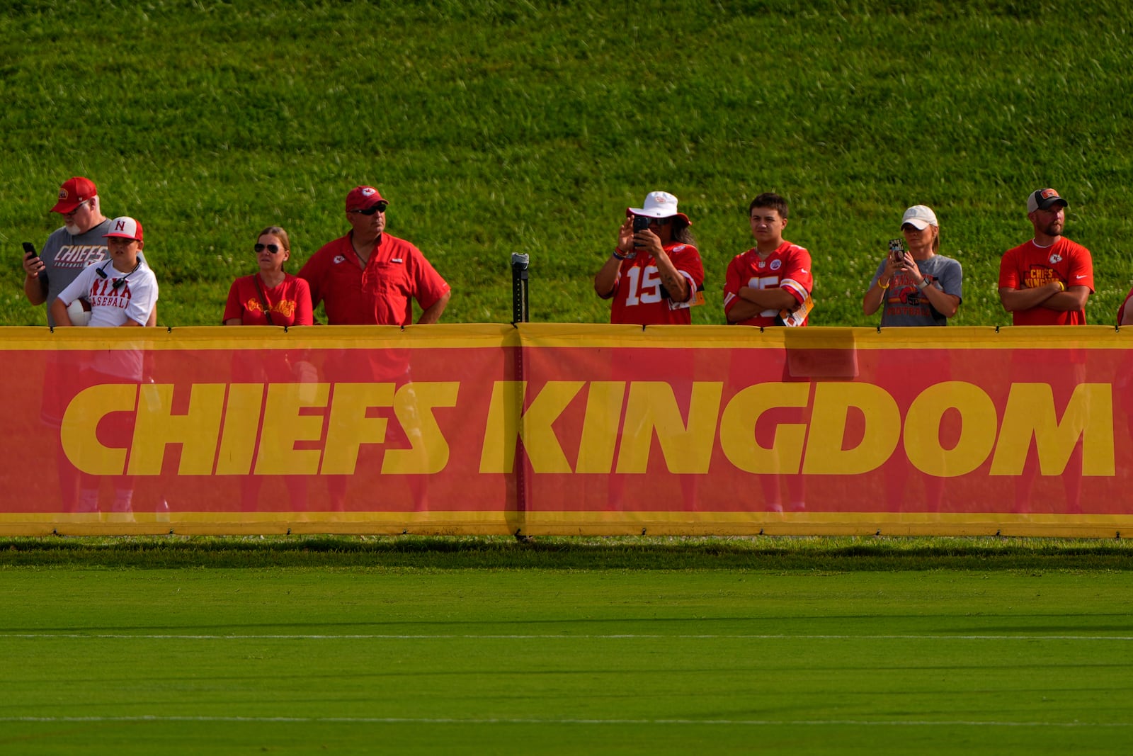 Kansas City Chiefs fans watch practice at NFL football training camp Tuesday, July 22, 2025, in St. Joseph, Mo. (AP Photo/Charlie Riedel)