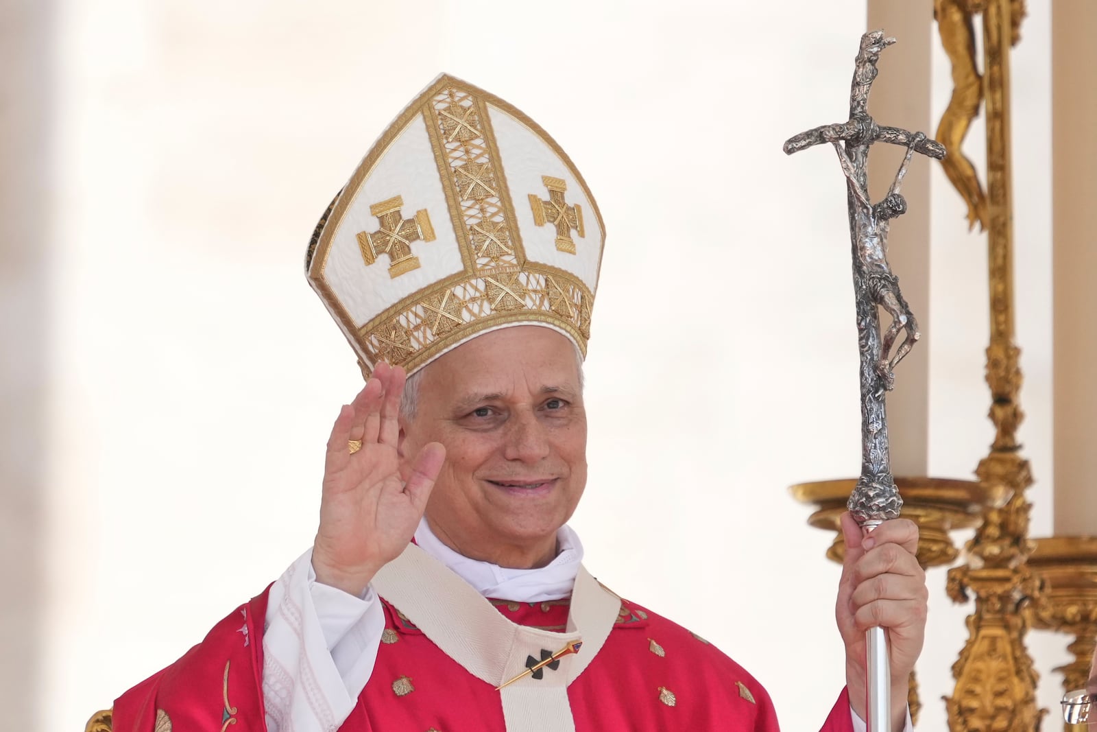 Pope Leo XIV waves at the end of a Mass for the Jubilee of New Religious Associations on Pentecost Day in St. Peter's Square at the Vatican, Sunday, June 8, 2025. (AP Photo/Andrew Medichini)