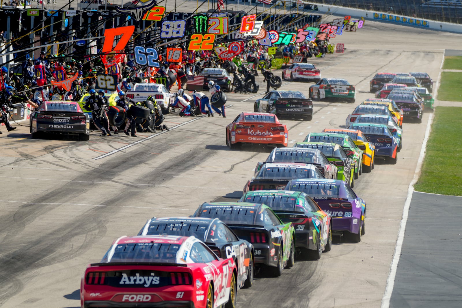 Drivers pit after Stage 2 during a NASCAR Cup Series auto race at Texas Motor Speedway in Fort Worth, Texas, Sunday, May 4, 2025. (AP Photo/Larry Papke)