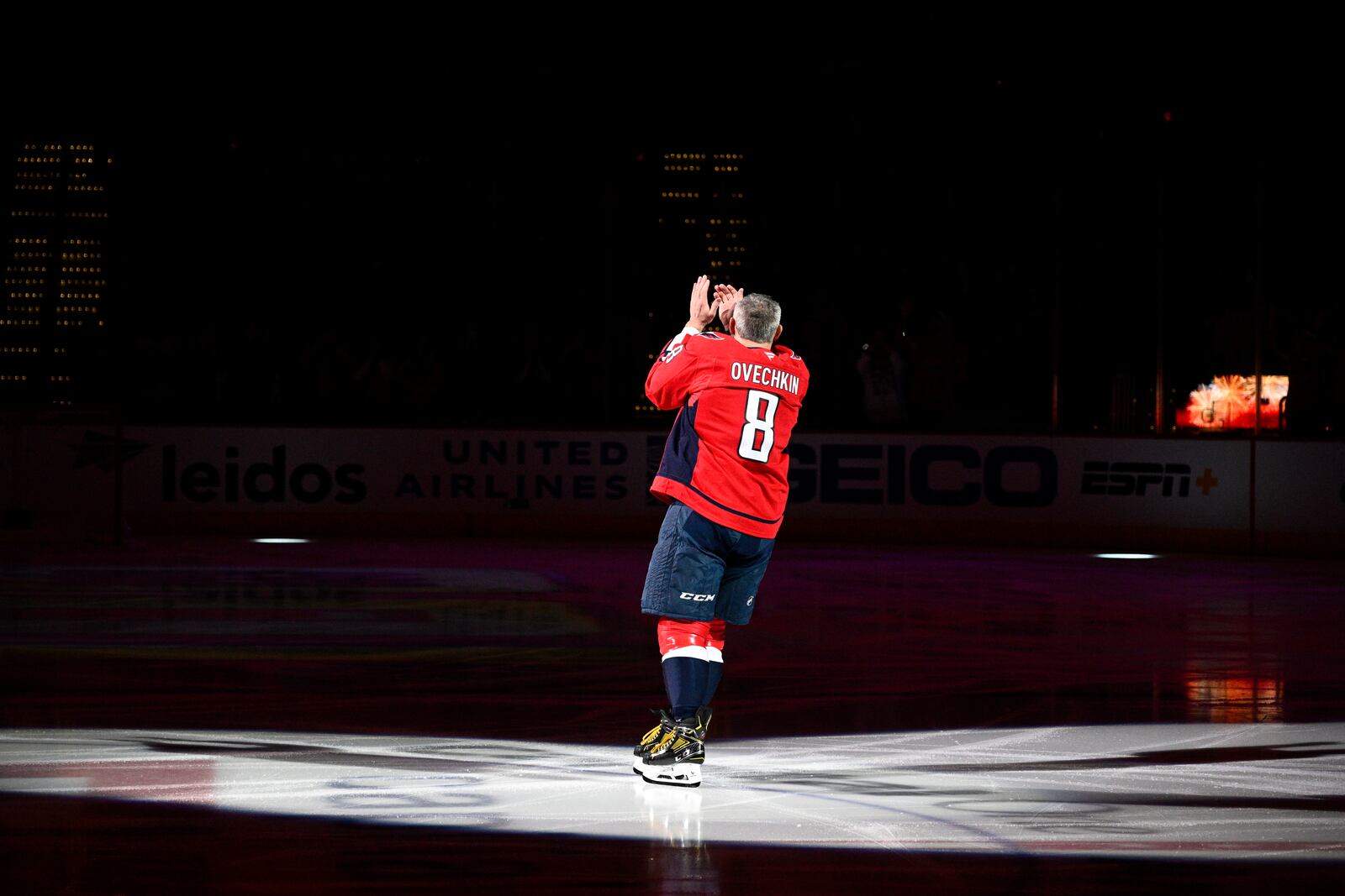 Washington Capitals left wing Alex Ovechkin takes part in a ceremony to honor him for scoring 895 career NHL goals before an NHL hockey game against the Carolina Hurricanes, Thursday, April 10, 2025, in Washington. (AP Photo/Nick Wass)