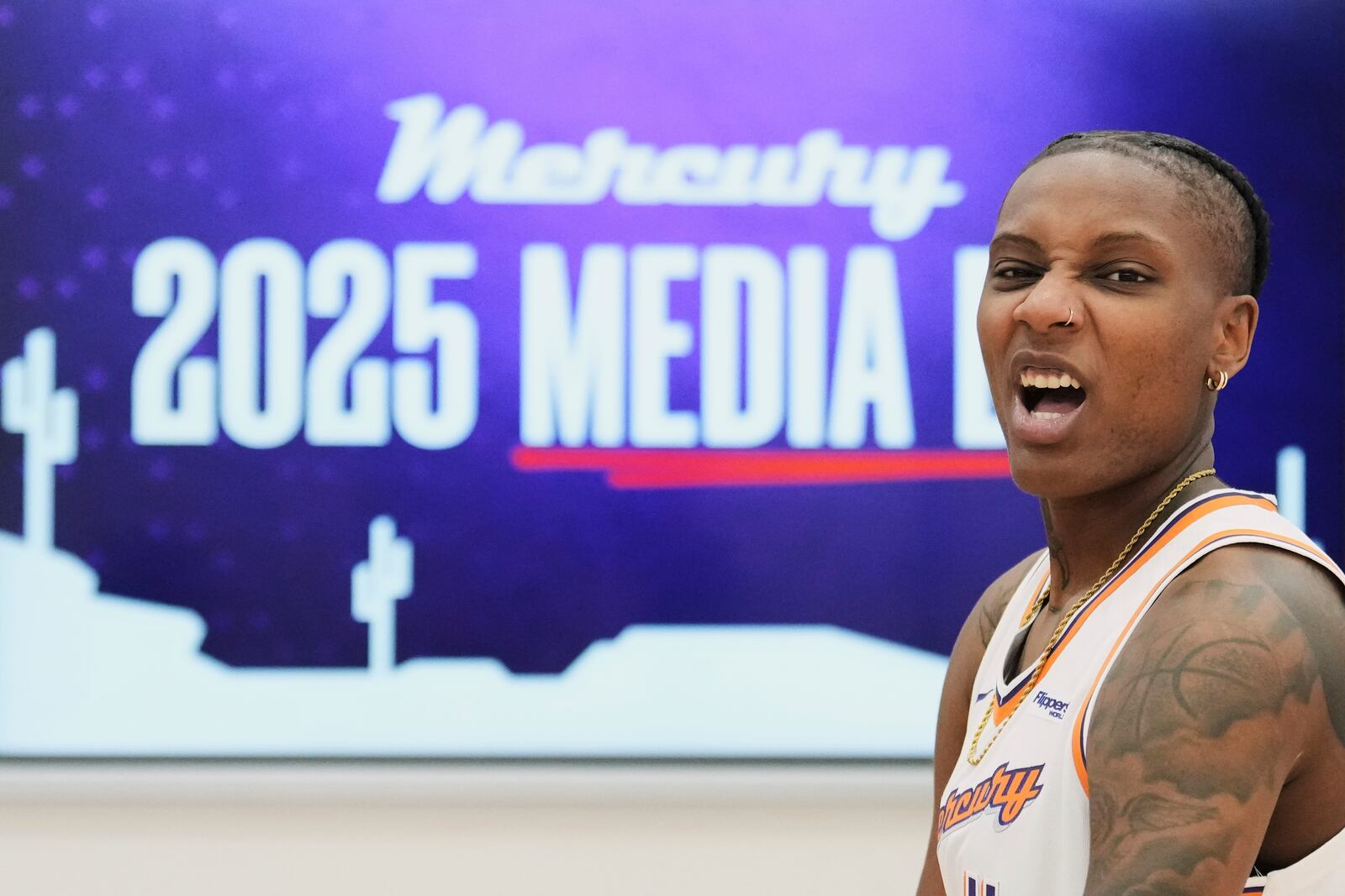 Phoenix Mercury forward Natasha Mack poses for a photograph during Mercury Media Day at the team's WNBA basketball training facility Wednesday, April 30, 2025, in Phoenix. (AP Photo/Ross D. Franklin)