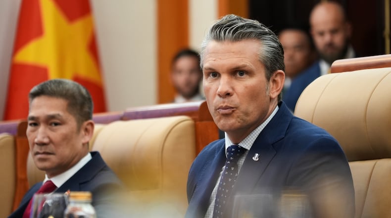U.S. Defense Secretary Pete Hegseth speaks during a meeting with Vietnamese Defense Minister Phan Van Giang in Hanoi, Vietnam, Sunday, Nov. 2, 2025. (AP Photo/Hau Dinh)