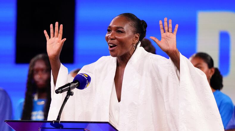 FILE - Venus Williams speaks during a ceremony at Arthur Ashe Stadium between matches during the women's singles semifinals of the U.S. Open tennis championships, Thursday, Sept. 4, 2025, in New York. (AP Photo/Yuki Iwamura, File)