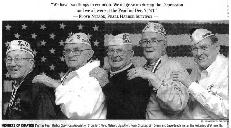Local Pearl Harbor survivors from left, Floyd Nelson, Ulys Allen, Norm Stuckey, Jim Green and Dave Gaede. DAYTON DAILY NEWS ARCHIVES