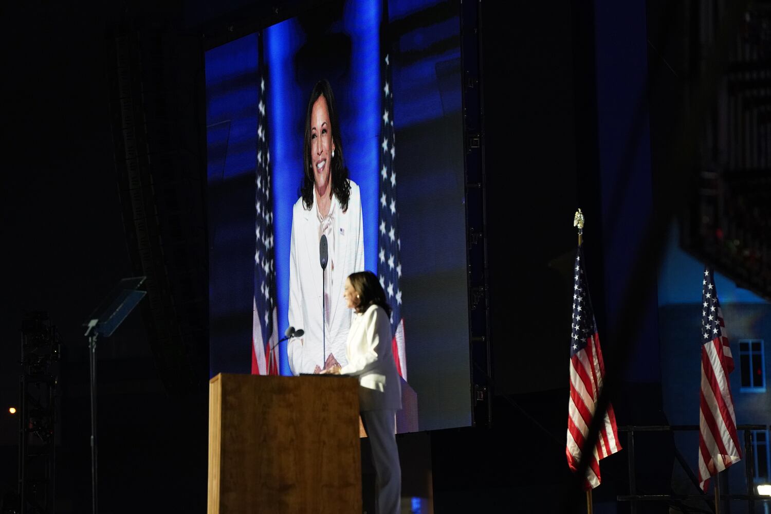 Vice President-elect Kamala Harris speaks in Wilmington, Del., on Saturday night, Nov. 7, 2020. (Erin Schaff/The New York Times)