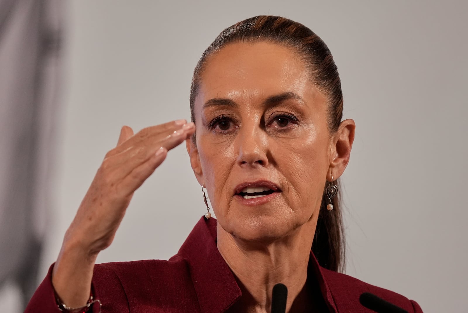 Mexican President Claudia Sheinbaum during her morning press conference at the National Palace in Mexico City, Wednesday, April 2, 2025. (AP Photo/Marco Ugarte)