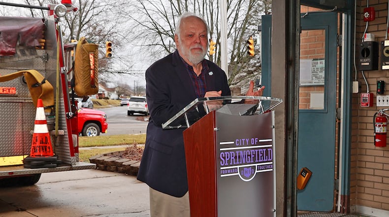 Springfield Mayor Warren Copeland speaks during a decommissioning ceremony for the City's Fire Station No. 3 on Selma Road Tuesday, Jan. 3, 2023. BILL LACKEY/STAFF