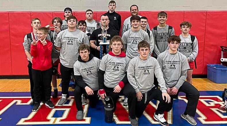 Cutline: The Greenon High School wrestling team poses for a photo after claiming their second straight Clark County Clash championship on Saturday, Jan. 8 at Northwestern High School. CONTRIBUTED PHOTO