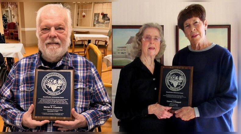 Warren Copeland, left photo,and Connie Chappell were honored by the Community Beautification Committee in recognition of their years of beautification efforts with year-end Beautification Achievement Awards. In the photo at right, CBC Chairman Marianne Ludlow Nave with Chappell, right. Contributed