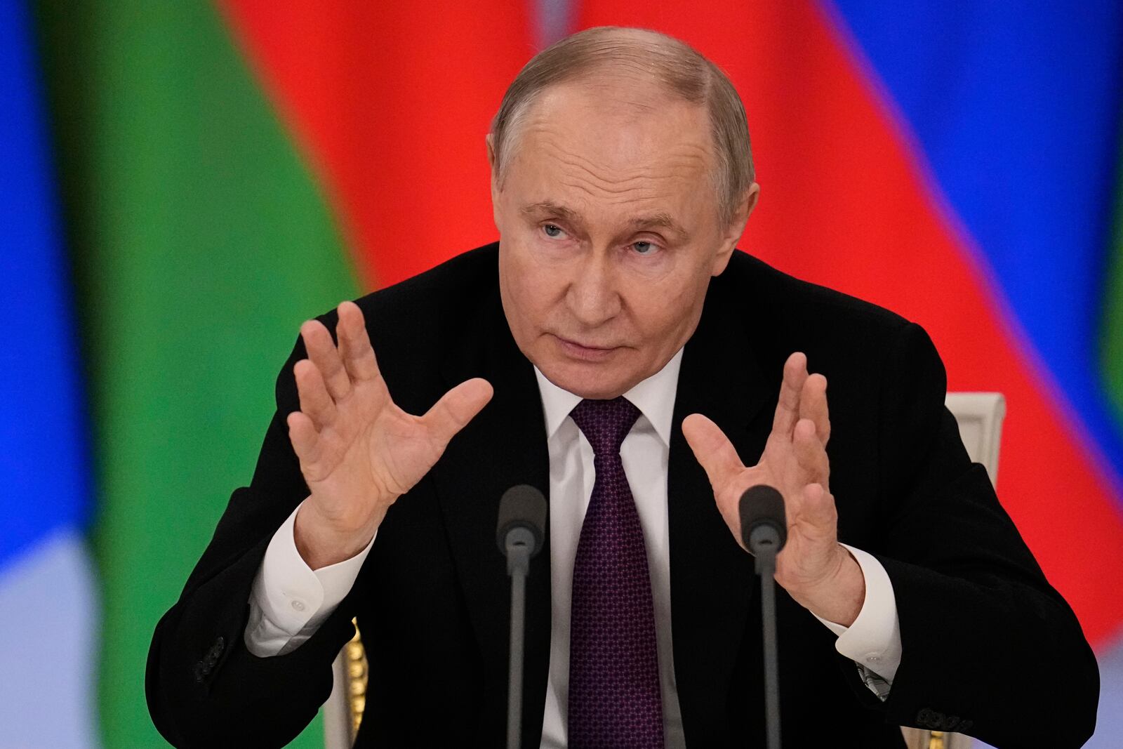 FILE - Russian President Vladimir Putin speaks during a news conference with Belarusian President Alexander Lukashenko following their talks at the Grand Kremlin Palace in Moscow, Russia, on March 13, 2025. (AP Photo/Alexander Zemlianichenko, File)