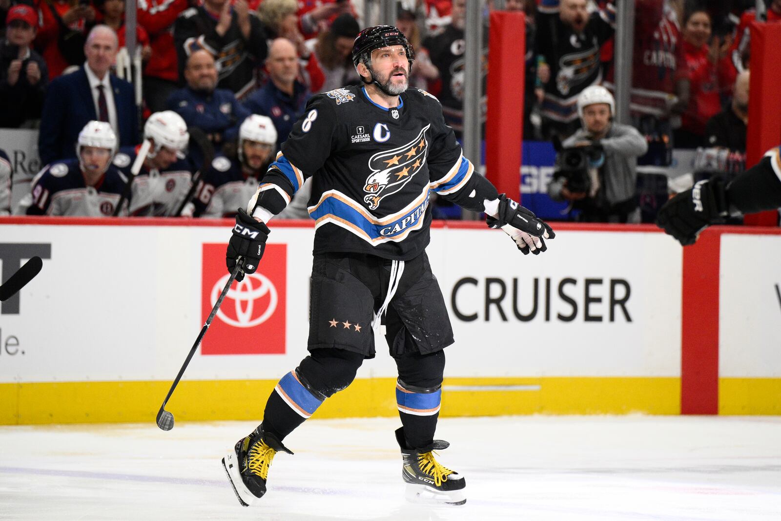 Washington Capitals left wing Alex Ovechkin (8) celebrates his goal during the first period of an NHL hockey game against the Columbus Blue Jackets, Sunday, April 13, 2025, in Washington. (AP Photo/Nick Wass)