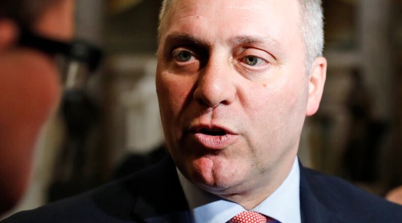 In this May 17, 2017 photo, Majority Whip Rep. Steve Scalise, R-La., speaks with the media on Capitol Hill in Washington. (AP Photo/Alex Brandon)