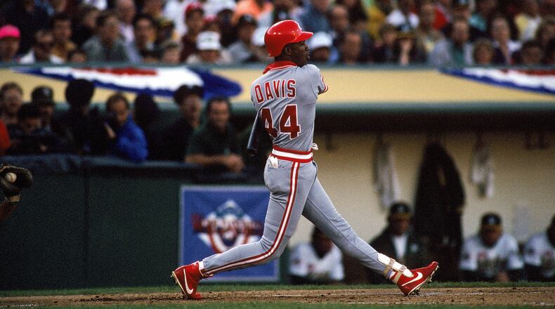 Eric Davis, shown here in the 1990 World Series vs. the Oakland A’s, was one of seven Cincinnati Reds to collect two hits in a 14-run first inning vs. the Houston Astros in 1989. (Photo by Otto Greule Jr/Getty Images)