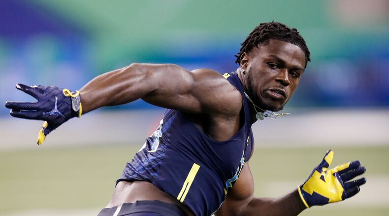 The newest Cleveland Brown, defensive back/linebacker/return specialist Jabrill Peppers, participates in a drill during the NFL Combine at Lucas Oil Stadium on March 6 in Indianapolis. The contract he signed with Cleveland includes a signing bonus of $5.6 million.