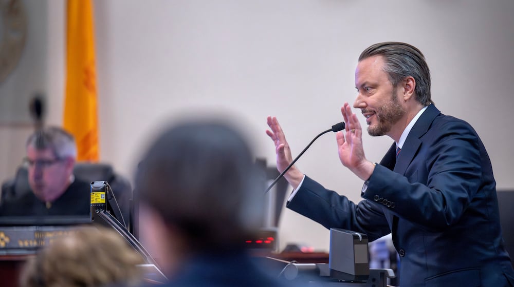 Meta attorney Kevin Huff makes closing arguments, Monday, March 23, 2026, in state court, in Santa Fe, N.M., in a trial where the social media conglomerate is accused of misleading its users about how safe its platforms are for children. (Eddie Moore/The Albuquerque Journal via AP, Pool)