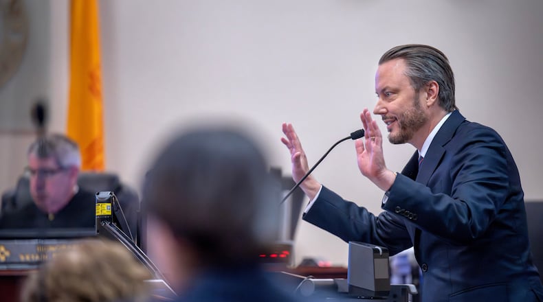 Meta attorney Kevin Huff makes closing arguments, Monday, March 23, 2026, in state court, in Santa Fe, N.M., in a trial where the social media conglomerate is accused of misleading its users about how safe its platforms are for children. (Eddie Moore/The Albuquerque Journal via AP, Pool)
