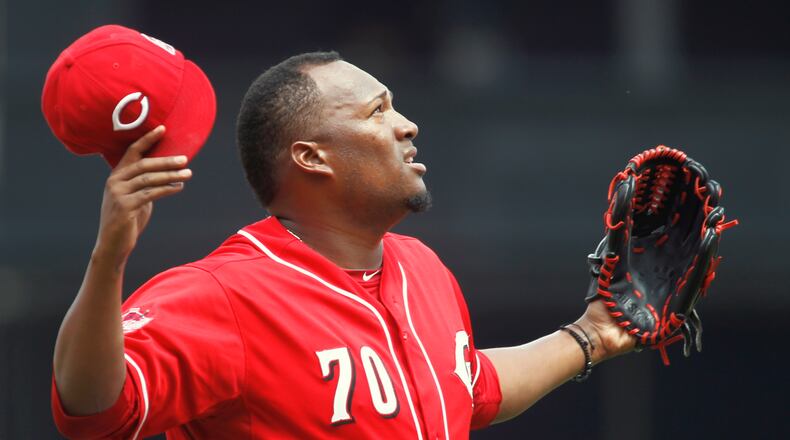 Reds reliever Jumbo Diaz reacts after getting an out against the Indians on Sunday, July 19, 2015, at Great American Ball Park in Cincinnati. David Jablonski/Staff