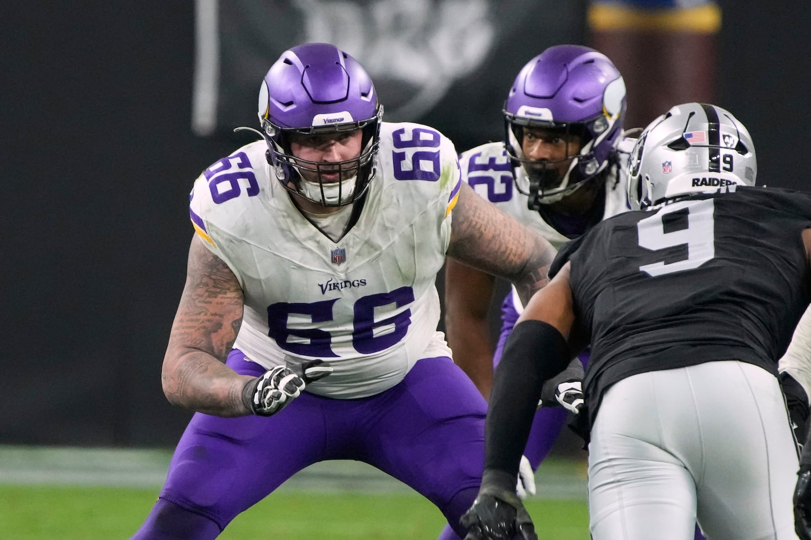 Minnesota Vikings guard Dalton Risner (66) lines up against the Las Vegas Raiders during the first half of an NFL football game Dec. 10, 2023, in Las Vegas. Rick Scuteri/AP Photo
