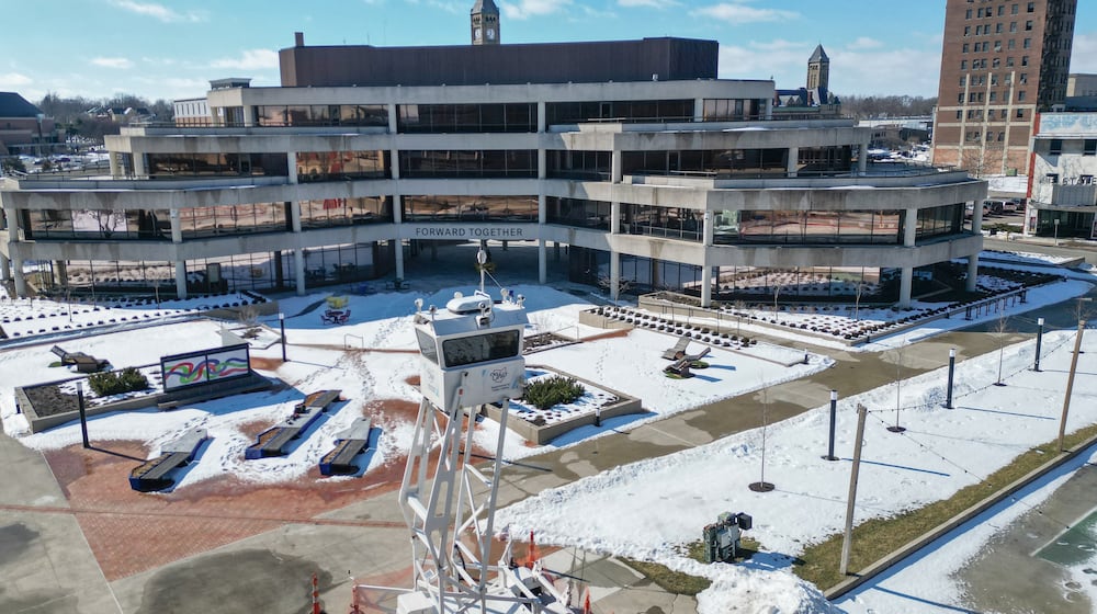 Ohio Department of Public Safety had a surveillance tower up Wednesday, Feb. 11, 2026, at Springfield City Plaza, following numerous bomb threats in Springfield. JOSEPH COOKE VIA DRONE / STAFF