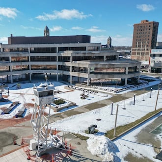 Ohio Department of Public Safety had a surveillance tower up Wednesday, Feb. 11, 2026, at Springfield City Plaza, following numerous bomb threats in Springfield. JOSEPH COOKE VIA DRONE / STAFF