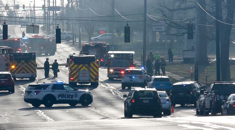 A propane tank exploded Tuesday, March 21, 2023 at the former Children's Home on Home Road. Three construction workers were injured in the blast, two suffered severe burns and were transported by medical helicopter. The explosion also damaged several cars and the building next door that houses the Neighborhood Housing Partnership of Greater Springfield. Home Road was blocked in both directions for nearly two hours. BILL LACKEY/STAFF