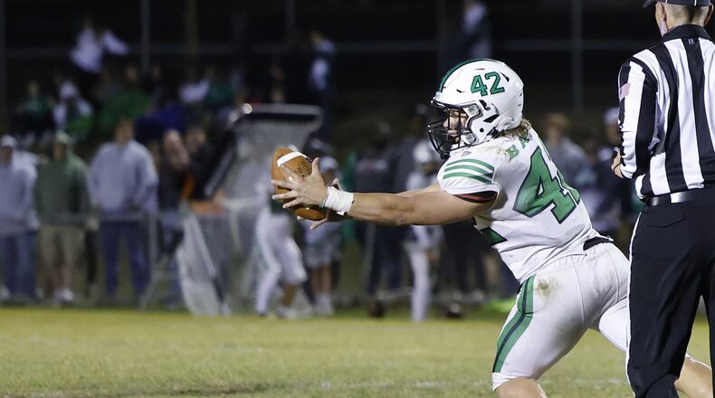 Badin's Nate Ostendorf intercepts a pass during their game against Fenwick. Badin defeated Fenwick 14-6 in their football game Friday, Oct. 14, 2022 at Bishop Fenwick High School. NICK GRAHAM/STAFF
